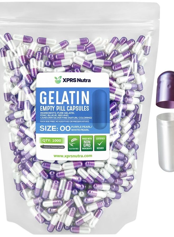 XPRS Nutra كبسولات فارغة حجم 00 - 1000 عد كبسولات جيلاتين فارغة - كبسولات حبوب فارغة - تعبئة كبسولات DIY - كبسولات حبوب قابلة للتعبئة (لؤلؤي بنفسجي/أبيض) - Image 1