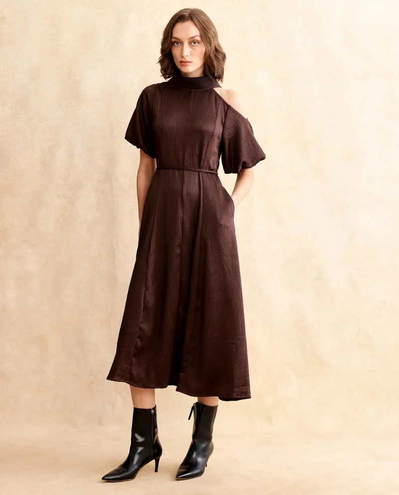 Rareism Rareism Women Duchy Brown Balloon Sleeve Turtle Neck Zipper Closure Flared Midi Plain Dress