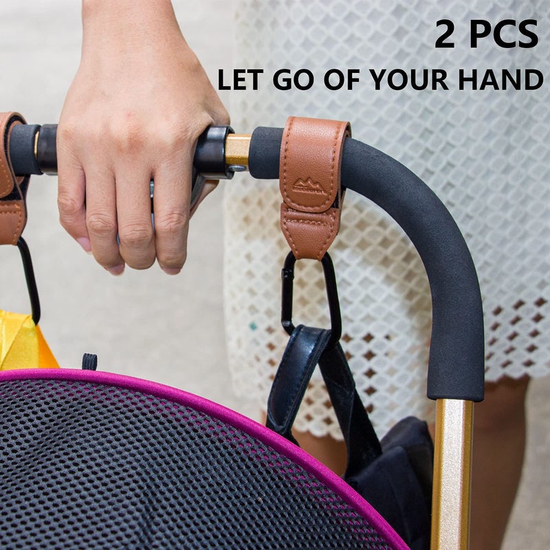 MoBearer Baby Stroller Hooks Bag Hooks for Hanging Diaper Bags Multipurpose Hooks for Grocery Shopping Bags Premium Vegan Leather Pram Straps 2 Pcs (Brown) - Image 3
