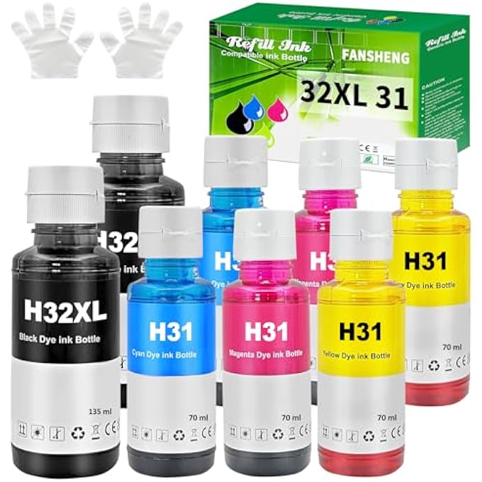 INK COMPATIBLE WITH HP 31 32XL INK MISSING BOTTLES FOR SMART TANK 31 32XL 315 319 455 515 516 530 555 558 5105 7005 7006 7305 7306 7605 559 570 65 5 670 790 415 419 8000 PAGES (8 PACK 2BK/2C/2M/2Y)