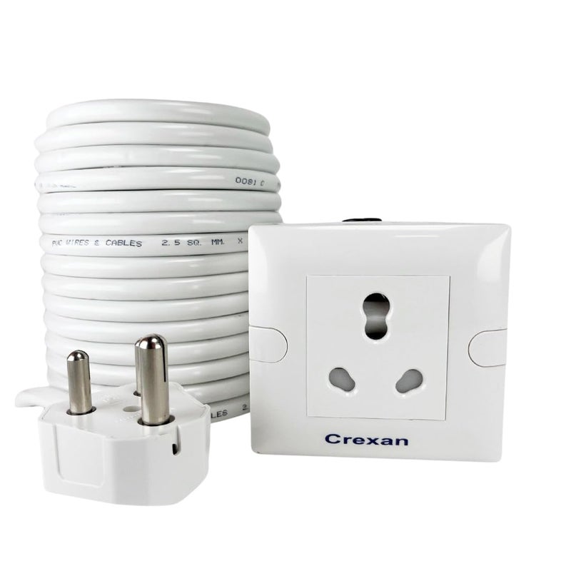 Crexan Extension Board 6A16 Amp and 15002500 Wattage Flexible Extension Board with 16 Amp Socket with Safety Shutter 1 nos25 Sqmm 3 Core White Copper Wire 2500 Wattage Small Plug 10 Meter - Image 1