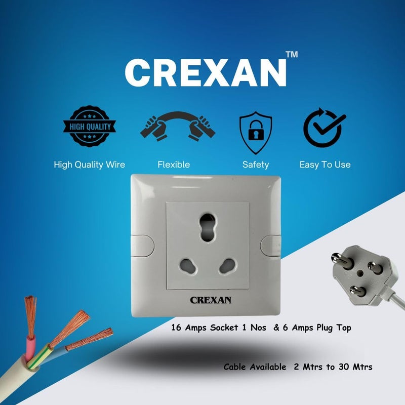 Crexan Extension Board 6A16 Amp and 15002500 Wattage Flexible Extension Board with 16 Amp Socket with Safety Shutter 1 nos25 Sqmm 3 Core White Copper Wire 2500 Wattage Small Plug 10 Meter - Image 5
