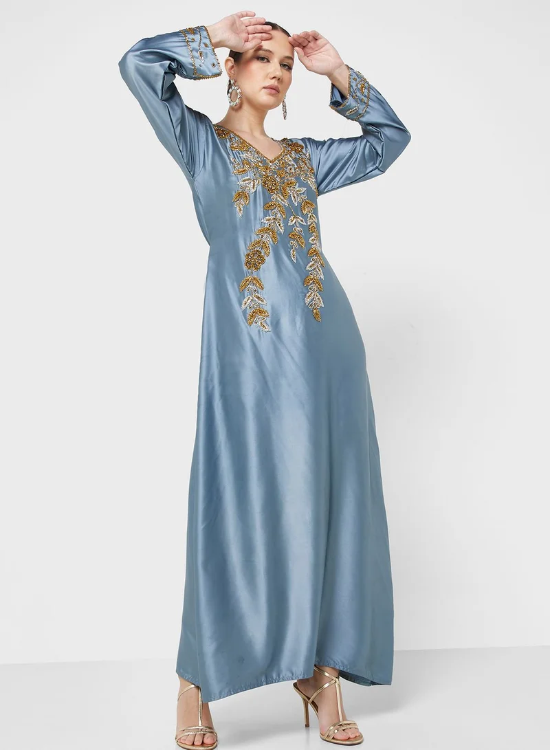 ARABIAN CLOSET Embellished V- Neck Jalabiya