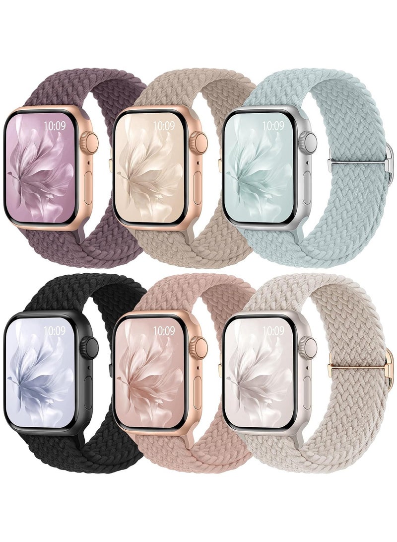 6 Pack Braided Stretchy Bands Compatible with Apple Watch Band 38mm 40mm 41mm 42mm Women Men, Adjustable Nylon Solo Loop Elastic Straps for iWatch Series 10 9 8 7 6 5 4 3 SE Ultra - Image 1