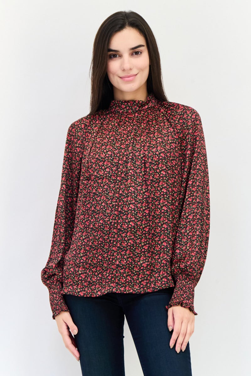 GAP Women Mock Neck Long Sleeve Floral Print Blouse, Multicolor - Image 1
