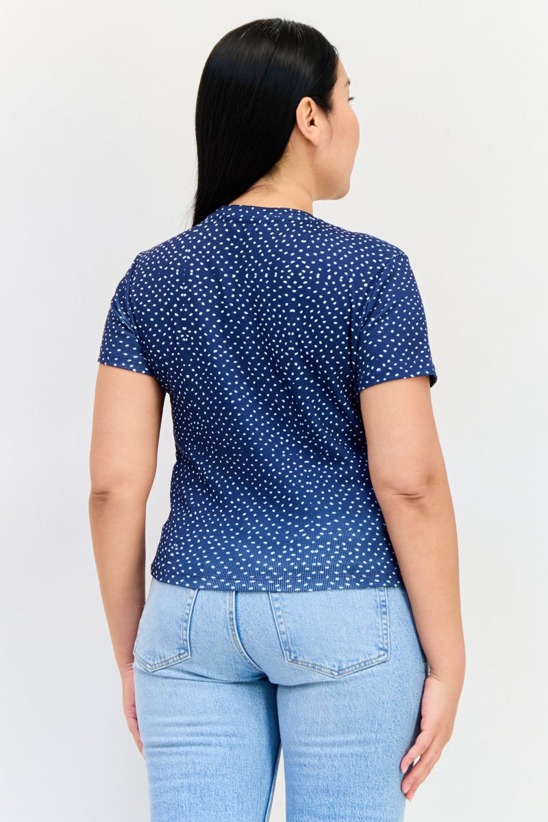 ONLY تي شيرت نسائي بأكمام قصيرة وياقة دائرية بنقاط بولكا، Navy - Image 3