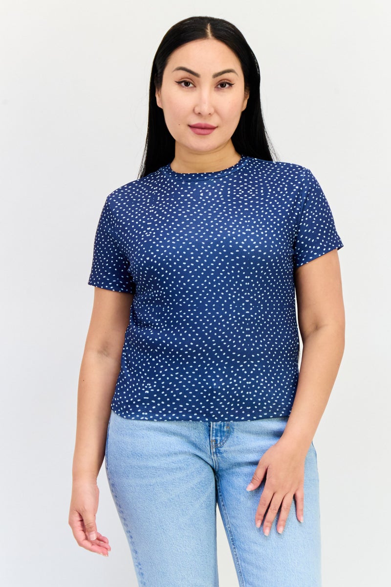 ONLY تي شيرت نسائي بأكمام قصيرة وياقة دائرية بنقاط بولكا، Navy - Image 1