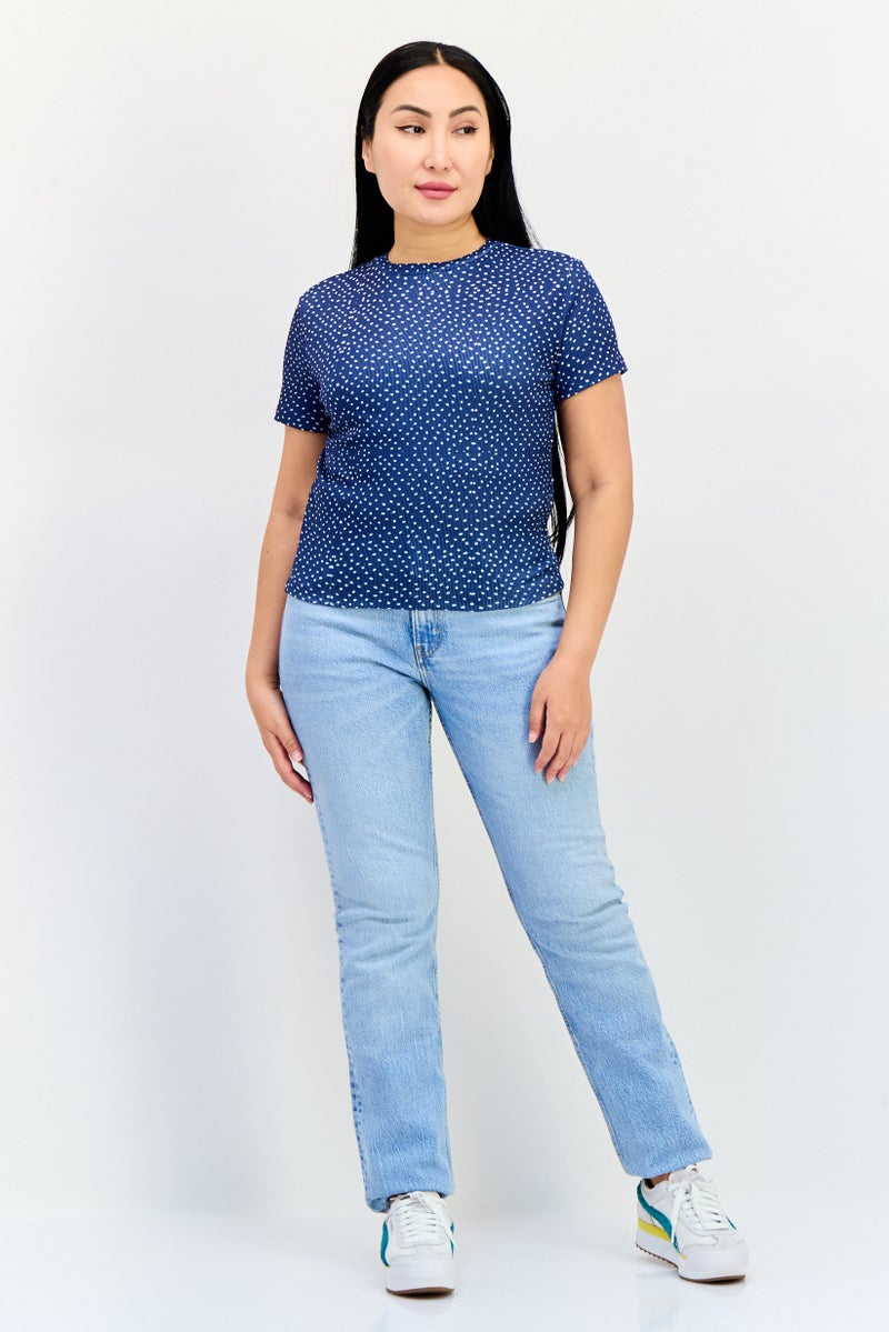 ONLY تي شيرت نسائي بأكمام قصيرة وياقة دائرية بنقاط بولكا، Navy - Image 4