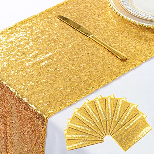 ShinyBeauty 10 Pieces12 x108 GoldSequinTableRunners Wedding Party Catering Event Gold Table Runner Gold Christmas Decoration Glitter Fabric Sequin Table Runner Holiday Table Runners 108 Inches