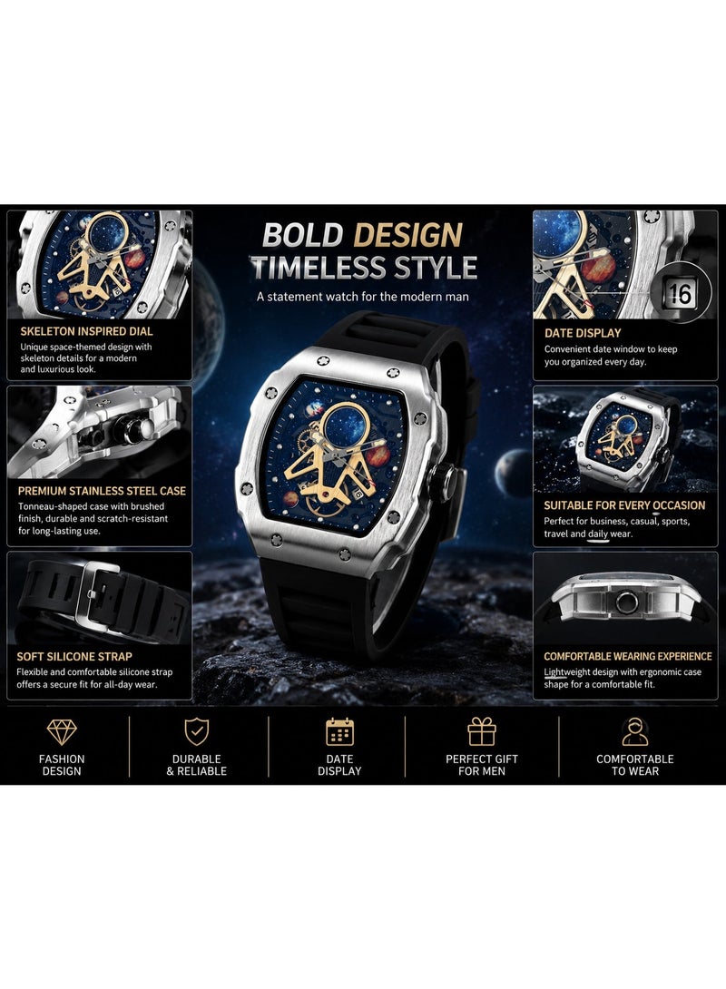 Luxury Men's Skeleton Dial Wrist Watch, Tonneau Stainless Steel Case, Silicone Strap Analog Watch, Fashion Casual Business Sports Wristwatch with Date Display - Image 4