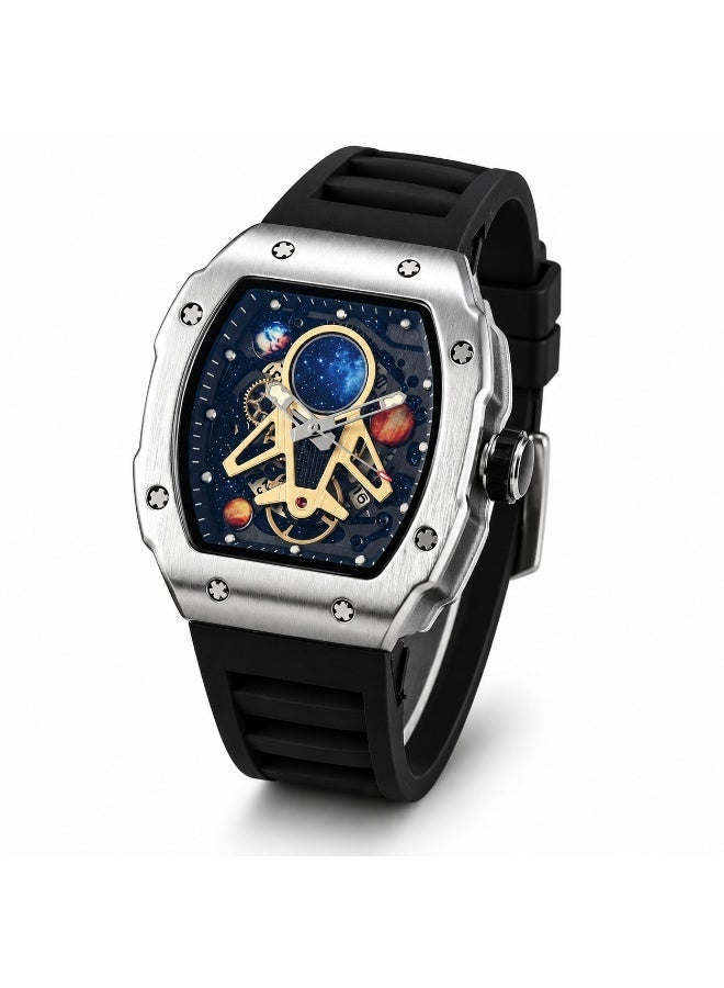 Luxury Men's Skeleton Dial Wrist Watch, Tonneau Stainless Steel Case, Silicone Strap Analog Watch, Fashion Casual Business Sports Wristwatch with Date Display - Image 1