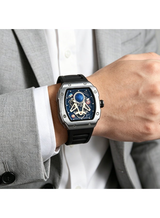 Luxury Men's Skeleton Dial Wrist Watch, Tonneau Stainless Steel Case, Silicone Strap Analog Watch, Fashion Casual Business Sports Wristwatch with Date Display - Image 2