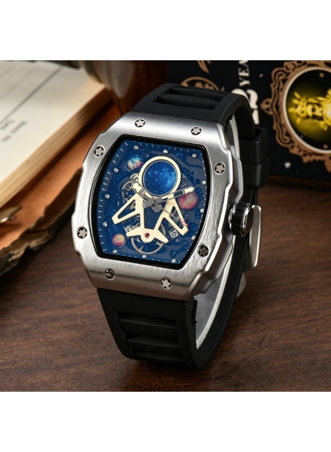 Luxury Men's Skeleton Dial Wrist Watch, Tonneau Stainless Steel Case, Silicone Strap Analog Watch, Fashion Casual Business Sports Wristwatch with Date Display - Image 3