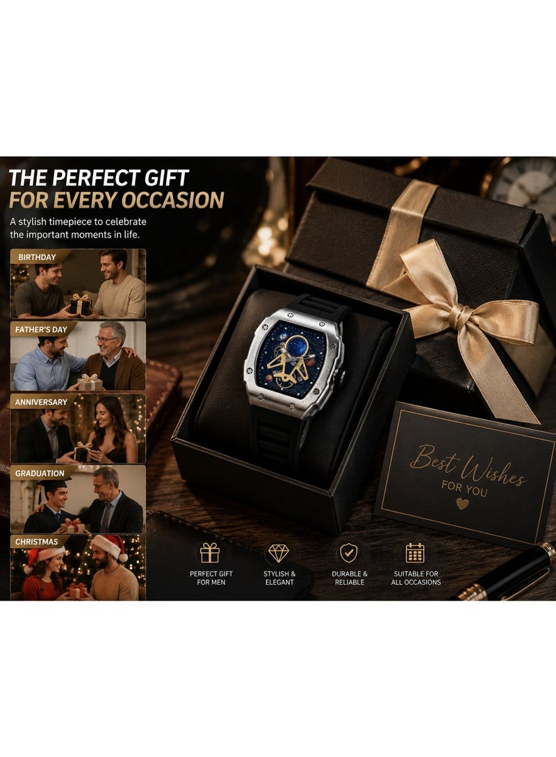 Luxury Men's Skeleton Dial Wrist Watch, Tonneau Stainless Steel Case, Silicone Strap Analog Watch, Fashion Casual Business Sports Wristwatch with Date Display - Image 5