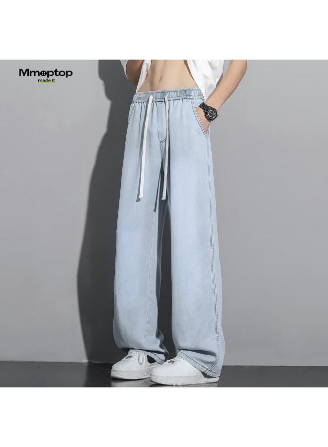 Mmoptop Laisai Ice Silk Denim Pants Summer Men's Breathable Draped Wide-leg Pants Mnzk15 Light Blue L - Image 4
