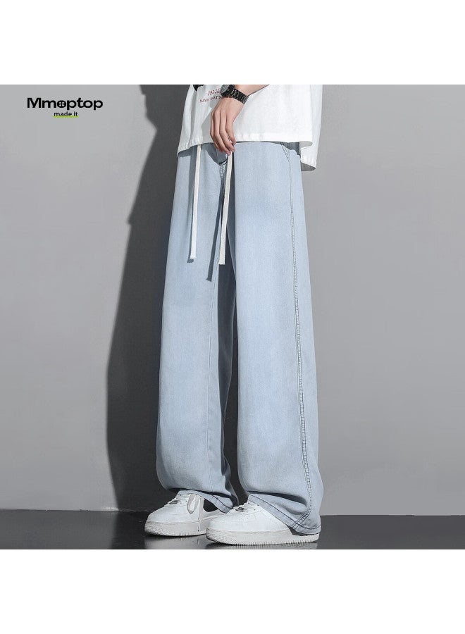 Mmoptop Laisai Ice Silk Denim Pants Summer Men's Breathable Draped Wide-leg Pants Mnzk15 Light Blue L - Image 3