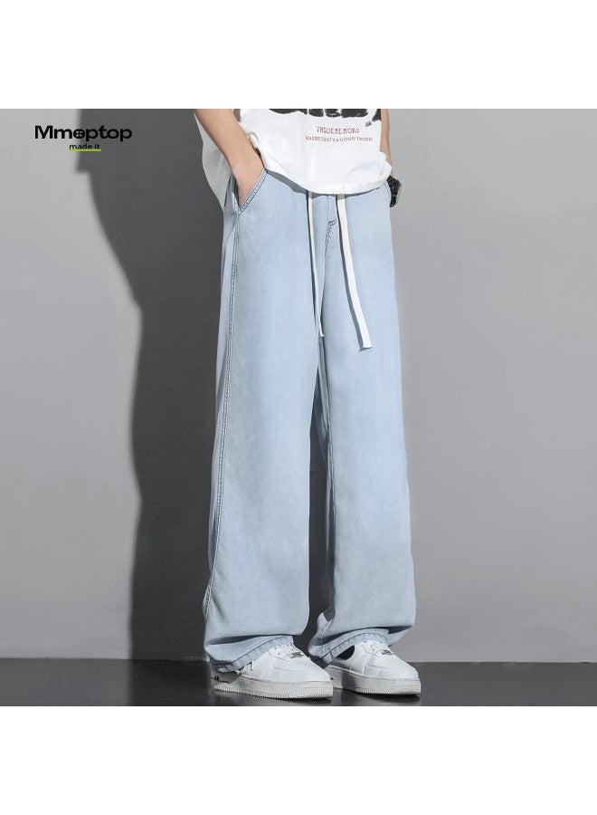 Mmoptop Laisai Ice Silk Denim Pants Summer Men's Breathable Draped Wide-leg Pants Mnzk15 Light Blue L - Image 5