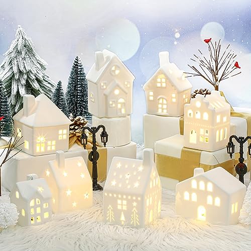 Cindeer 26 Pcs Ceramic Christmas Village Set 8 LED Christmas Village Houses 16 Xmas Trees Farmhouse 2 Lamp Post Scenes Decor White Tabletop Decoration(Classic) - Image 1