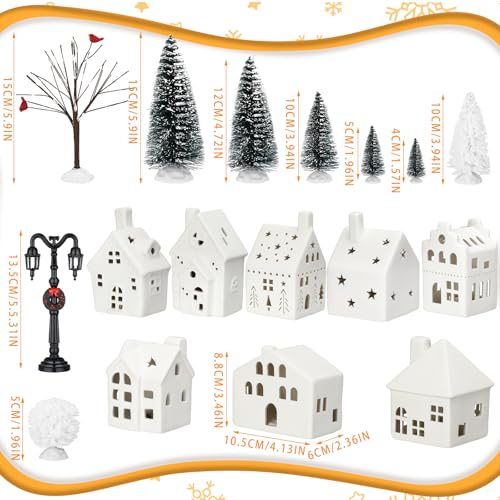 Cindeer 26 Pcs Ceramic Christmas Village Set 8 LED Christmas Village Houses 16 Xmas Trees Farmhouse 2 Lamp Post Scenes Decor White Tabletop Decoration(Classic) - Image 2