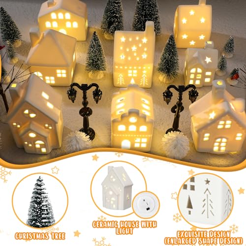 Cindeer 26 Pcs Ceramic Christmas Village Set 8 LED Christmas Village Houses 16 Xmas Trees Farmhouse 2 Lamp Post Scenes Decor White Tabletop Decoration(Classic) - Image 3