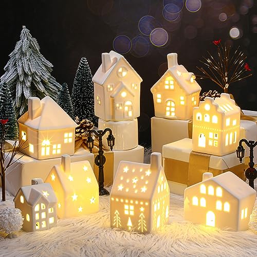 Cindeer 26 Pcs Ceramic Christmas Village Set 8 LED Christmas Village Houses 16 Xmas Trees Farmhouse 2 Lamp Post Scenes Decor White Tabletop Decoration(Classic) - Image 5