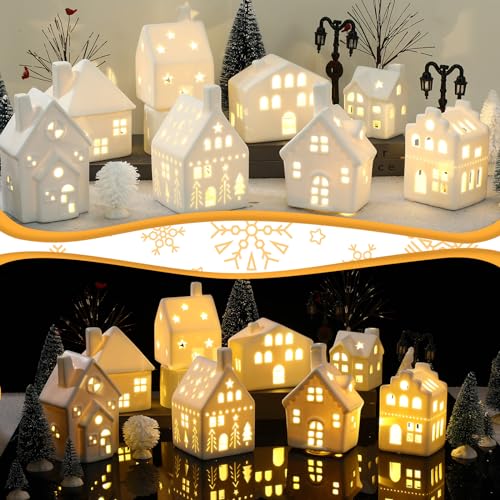 Cindeer 26 Pcs Ceramic Christmas Village Set 8 LED Christmas Village Houses 16 Xmas Trees Farmhouse 2 Lamp Post Scenes Decor White Tabletop Decoration(Classic) - Image 4