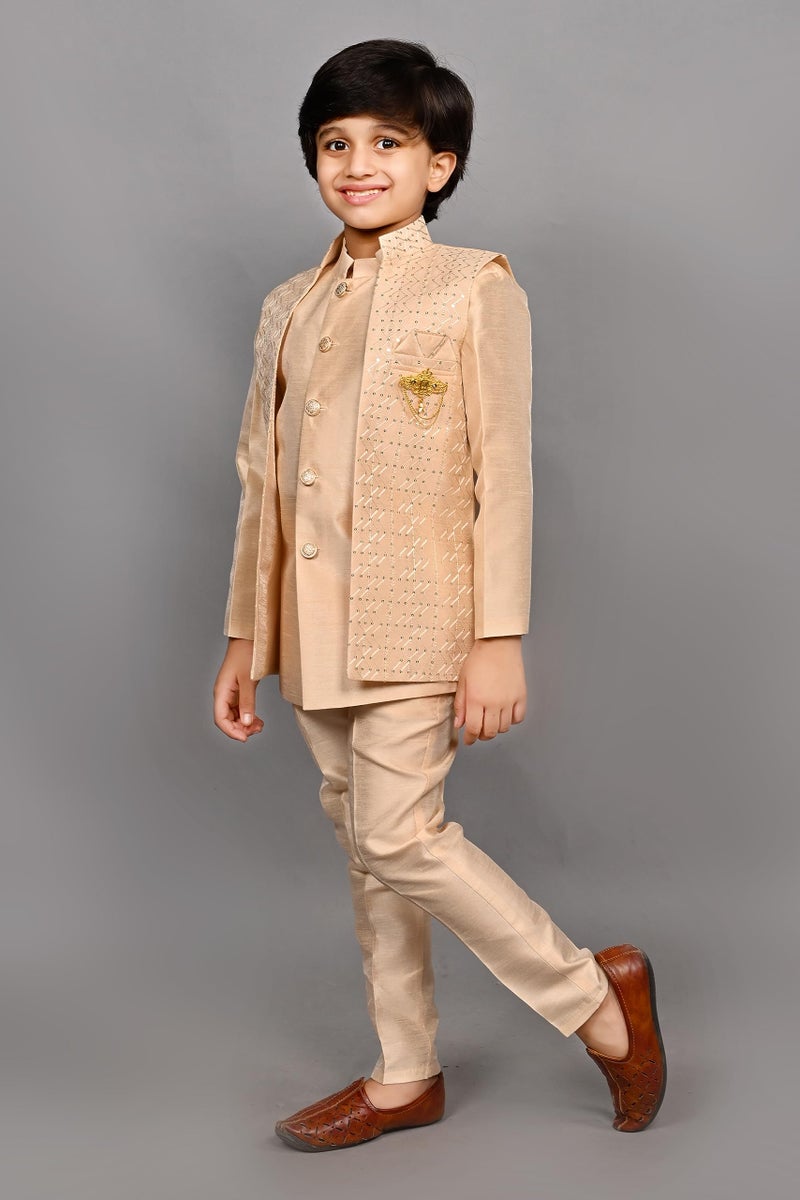 AHHAAAA Ahaaaa Kids Ethnic Silk Blend Bollywood Style Sherwani Waistcoat Kurta and Pyjama Set for Boys 526MF |Gold 5-6 Years, 526| - Image 5
