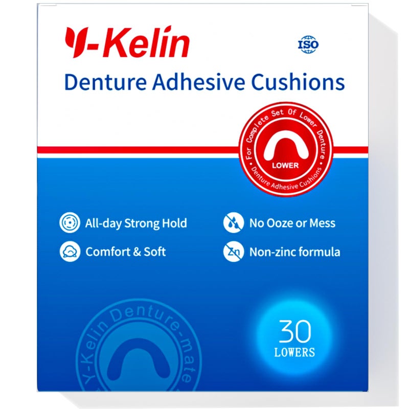 Y-Kelin Lower Denture Adhesive Cushions, Adhesive-Free Denture Pads for Sore Gums, 30 Strips - Image 1