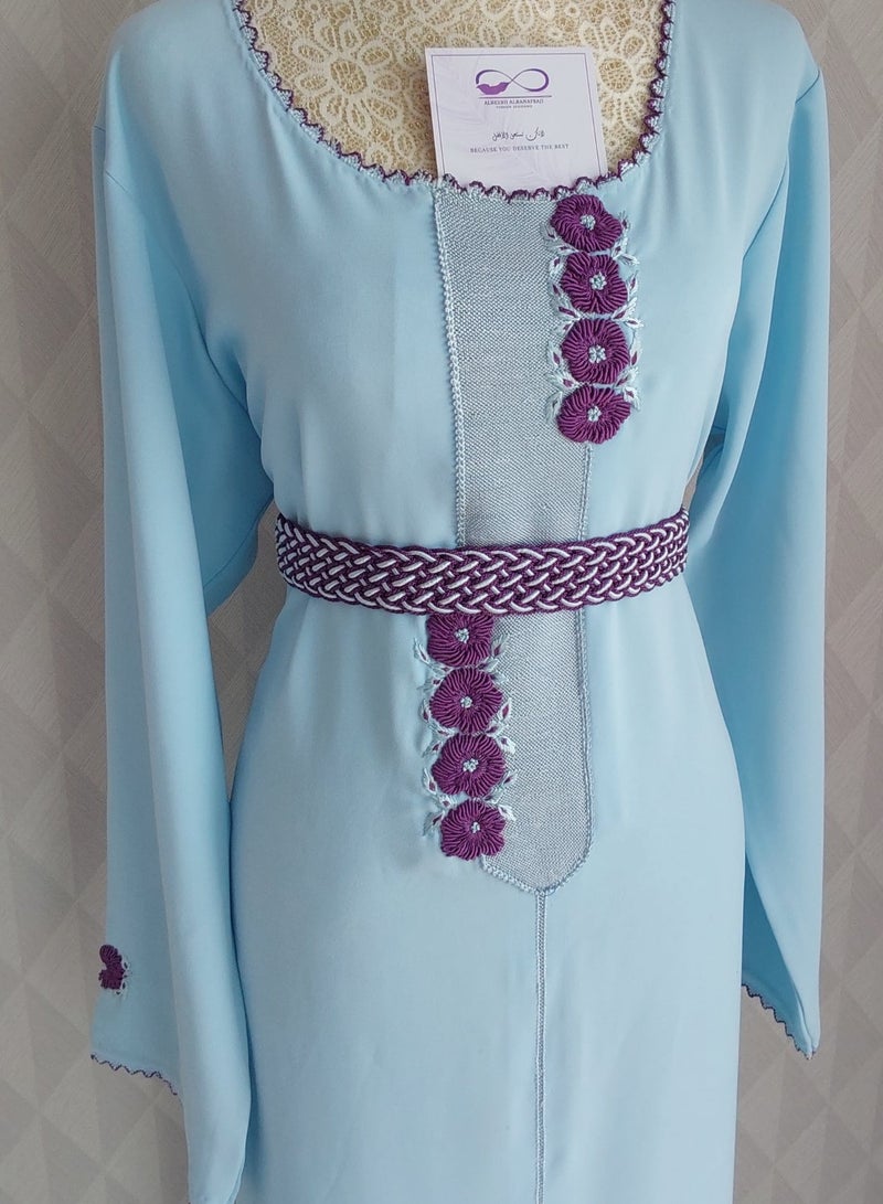 ALREESH ALBANAFSAJI ALREESH 25 RANDA MOROCCAN EMBROIDERY WITH HIS OWN HANDS READY-MADE JALABIYA BABY BLUE AND PURPLE - Image 1