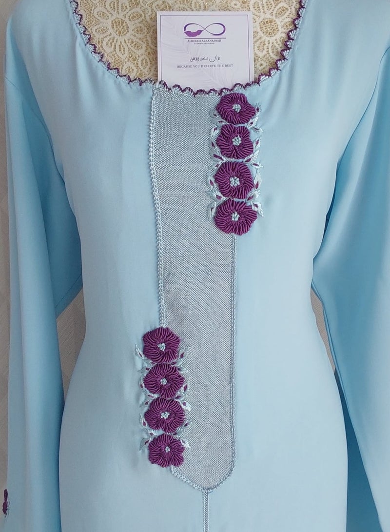 ALREESH ALBANAFSAJI ALREESH 25 RANDA MOROCCAN EMBROIDERY WITH HIS OWN HANDS READY-MADE JALABIYA BABY BLUE AND PURPLE - Image 2