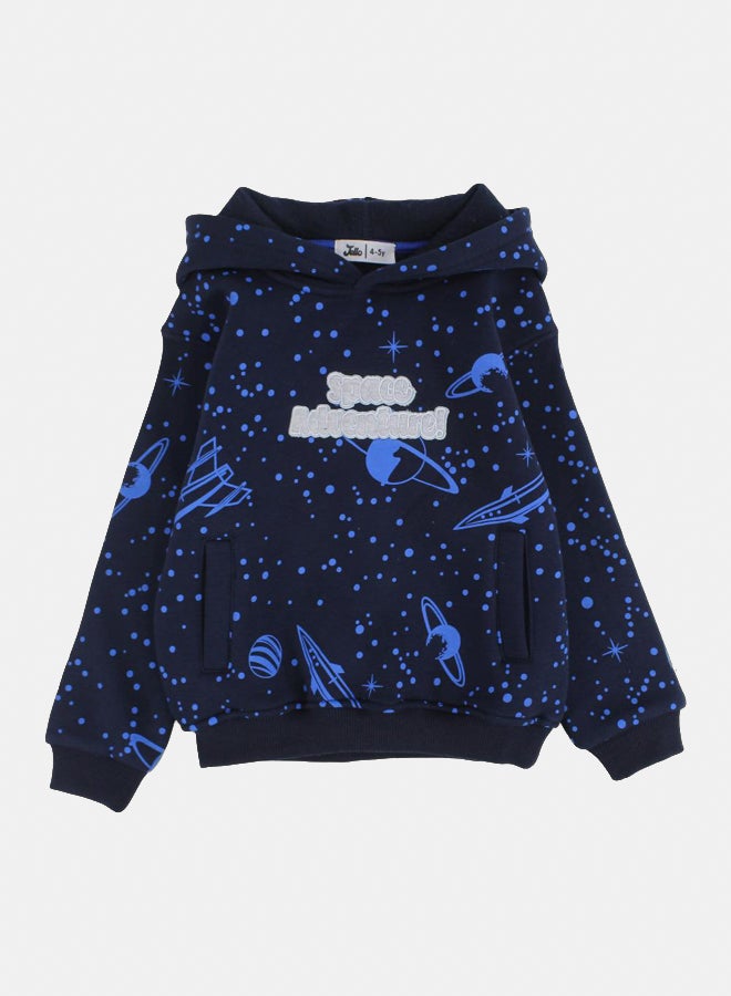 Boys Cotton Hoodie – Navy with Space Adventure Embroidery - Image 1