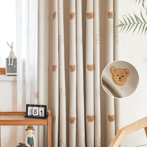 AiFMQQ Cartoon Bears Kids Blackout Curtains for Babys Bedoom Living Room Grommet Top Beige Embroidery 3D Bear Darkening Curtain for Nursery Baby Room 1 Panel Beige W42 L84 inch - Image 1
