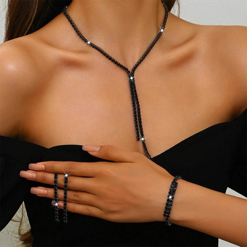 Unicra Black Bridal Wedding Jewelry Sets Rhinestone Necklace Earrings Bracelet Set Prom Formal Costume Jewelry Sets for Women and Brides (Black) - Image 4