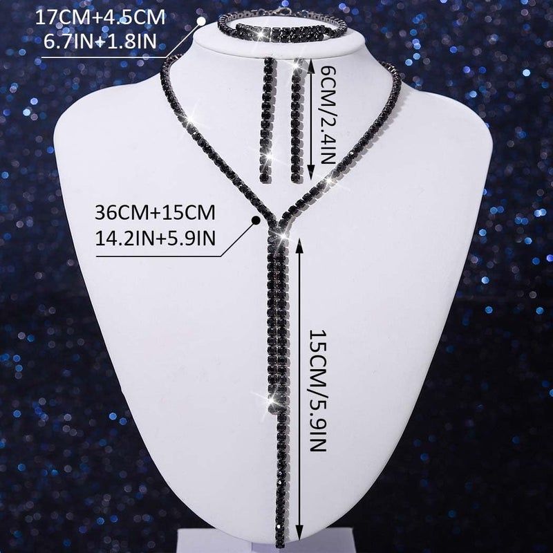 Unicra Black Bridal Wedding Jewelry Sets Rhinestone Necklace Earrings Bracelet Set Prom Formal Costume Jewelry Sets for Women and Brides (Black) - Image 2