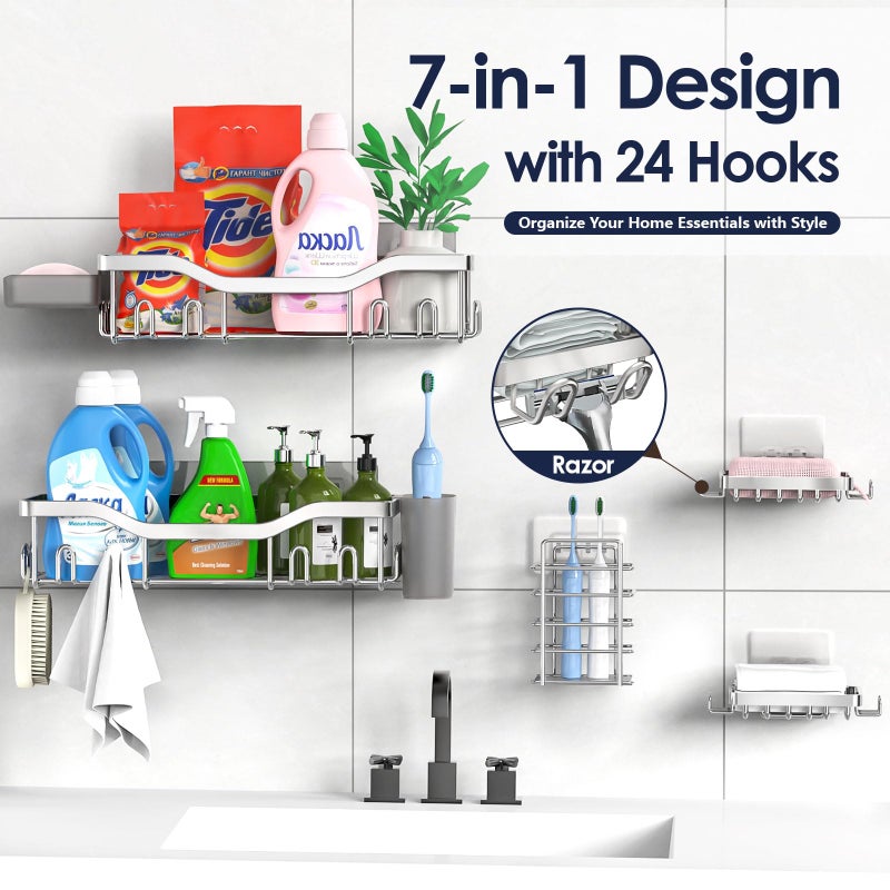NESOMI Shower Caddy Adhesive Shower Organizer 7-Pack, Rustproof Stainless Steel Bathroom Shelves, Large Capacity No-Drill Rack Storage Accessories with Soap Dish Toothbrush Holder Hooks - Image 4