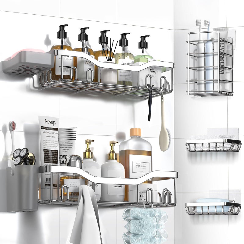 NESOMI Shower Caddy Adhesive Shower Organizer 7-Pack, Rustproof Stainless Steel Bathroom Shelves, Large Capacity No-Drill Rack Storage Accessories with Soap Dish Toothbrush Holder Hooks - Image 1