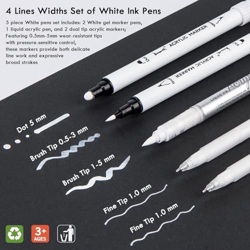 Brusarth White Pens Set, 5 Pack, 1mm White Gel Pens, Dual-Tip Acrylic Paint Pen, Brush Tip Acrylic Markers for Black Paper Drawing, Sketching, Illustration, Card Making, Bullet Journaling - Image 2