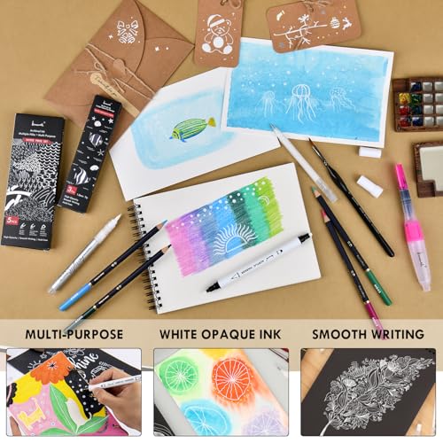Brusarth White Pens Set, 5 Pack, 1mm White Gel Pens, Dual-Tip Acrylic Paint Pen, Brush Tip Acrylic Markers for Black Paper Drawing, Sketching, Illustration, Card Making, Bullet Journaling - Image 4