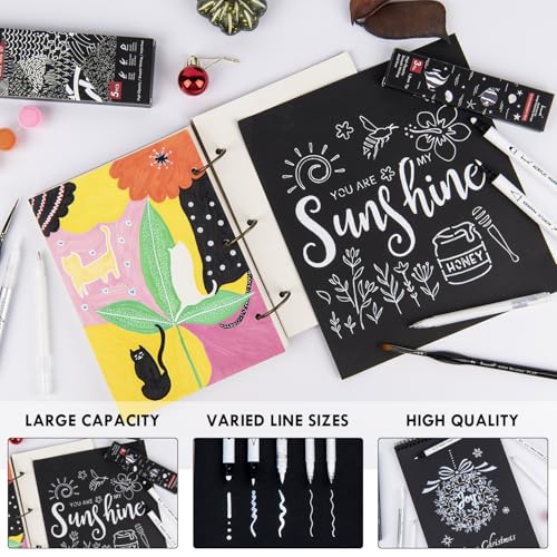 Brusarth White Pens Set, 5 Pack, 1mm White Gel Pens, Dual-Tip Acrylic Paint Pen, Brush Tip Acrylic Markers for Black Paper Drawing, Sketching, Illustration, Card Making, Bullet Journaling - Image 3