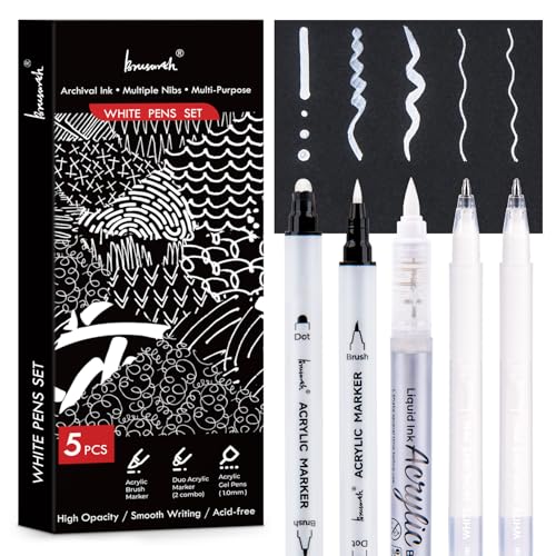 Brusarth White Pens Set, 5 Pack, 1mm White Gel Pens, Dual-Tip Acrylic Paint Pen, Brush Tip Acrylic Markers for Black Paper Drawing, Sketching, Illustration, Card Making, Bullet Journaling - Image 1