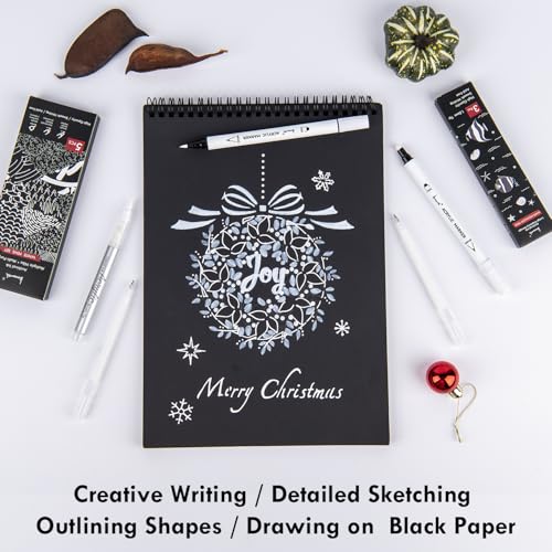 Brusarth White Pens Set, 5 Pack, 1mm White Gel Pens, Dual-Tip Acrylic Paint Pen, Brush Tip Acrylic Markers for Black Paper Drawing, Sketching, Illustration, Card Making, Bullet Journaling - Image 5