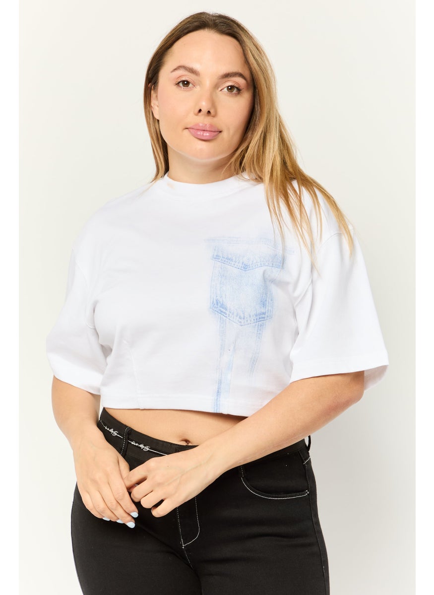 ESPRIT Women Crew Neck Short Sleeve Graphic Print Crop Top, White  - Image 1