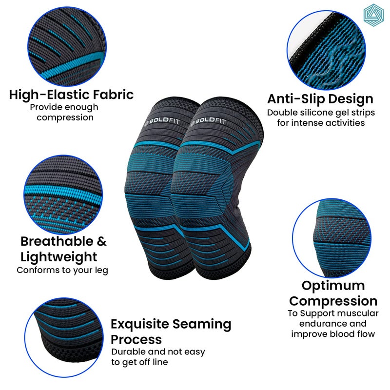 BOLDFIT Neoprene Knee Support For Men Knee Sleeves Braces Pair For Sports, Workout, Pain Relief, Knee Cap Compression Support, Exercise, Running, Cycling,- 1 Pair (Medium, Bluelinear) - Image 4