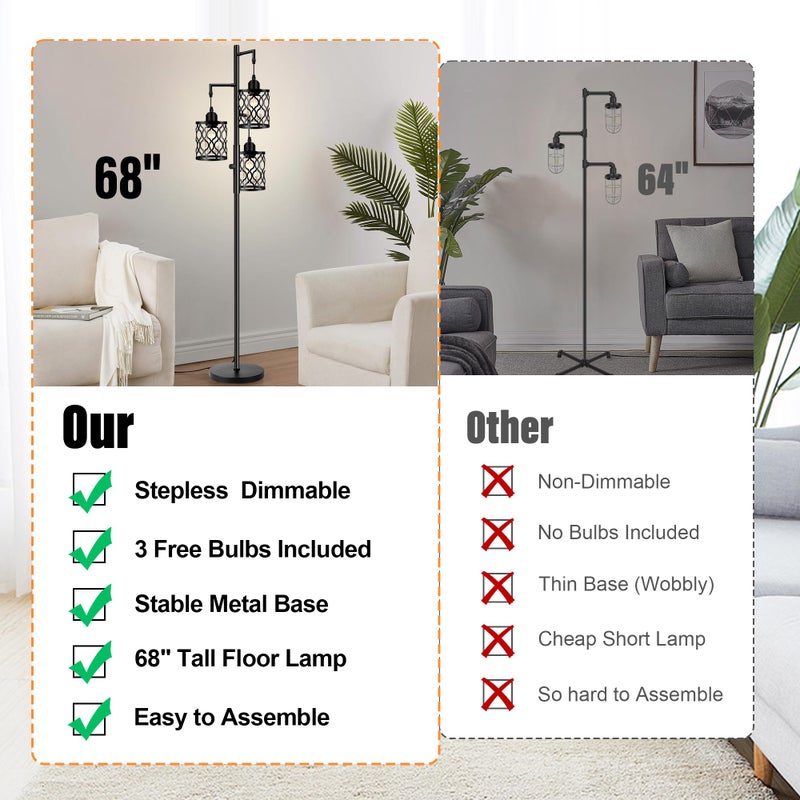 ROTTOGOON Dimmable Farmhouse Floor Lamp, Industrial Floor Lamp for Living Room with 3 X 6W LED Bulbs, 3 Light Rustic Standing Tall Lamp for Bedroom, Office, 68" - Image 4