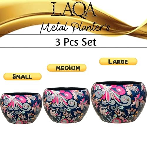 LAQA Designer Metal Indoor Planter Pot Small Sizes Folk Design Set of 3 Pieces - Image 5