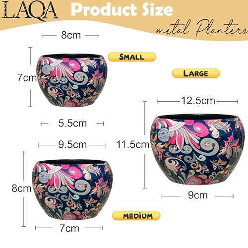 LAQA Designer Metal Indoor Planter Pot Small Sizes Folk Design Set of 3 Pieces - Image 3