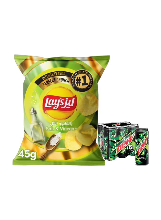 Mountain Dew رقائق البطاطس لاي بنكهة الملح والخل 45 جرام + علب مشروب غازي ماونتن ديو 330 مل عبوة من 6 - Image 1