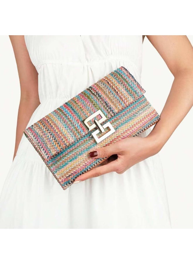 Bohemia Woven Straw Clutch Envelope Purse for Women, Multicoloured Striped, 26x15x3 cm - Image 4