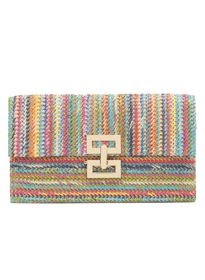 Bohemia Woven Straw Clutch Envelope Purse for Women, Multicoloured Striped, 26x15x3 cm - Image 1