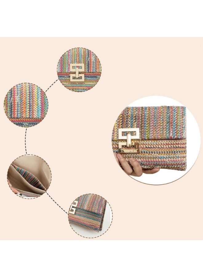 Bohemia Woven Straw Clutch Envelope Purse for Women, Multicoloured Striped, 26x15x3 cm - Image 3